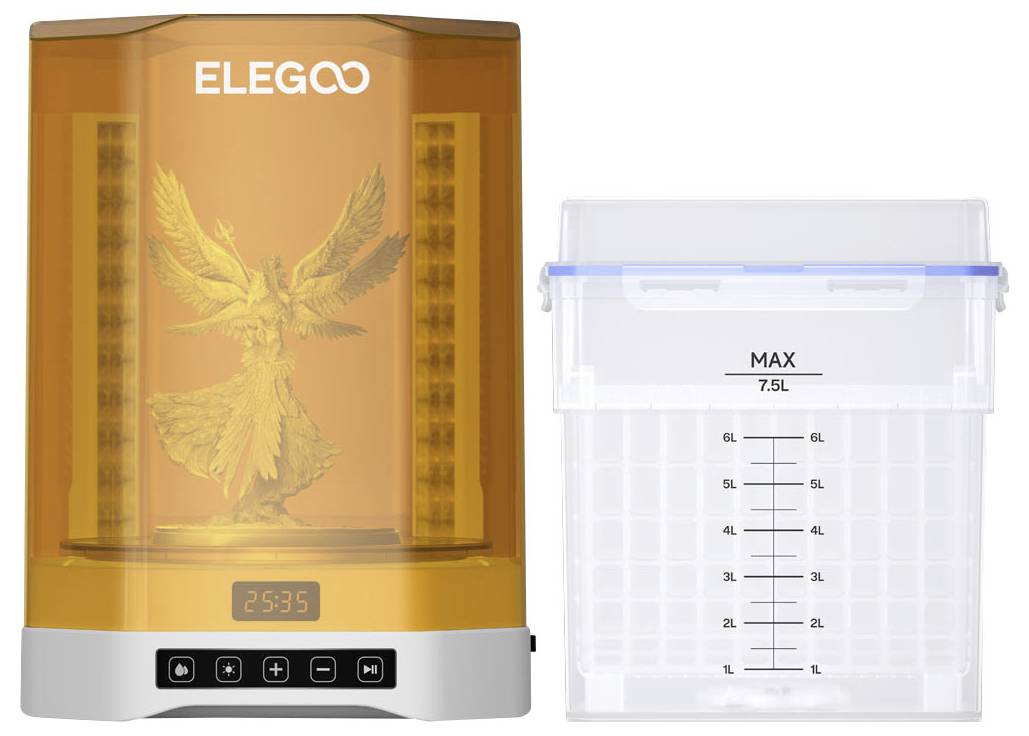ELEGOO Harz-3D-Drucker mit bernsteinfarbenem Deckel und Touchscreen neben einem 7,5L Harz-Wasch-/Härtungsbehälter mit Messskalen.