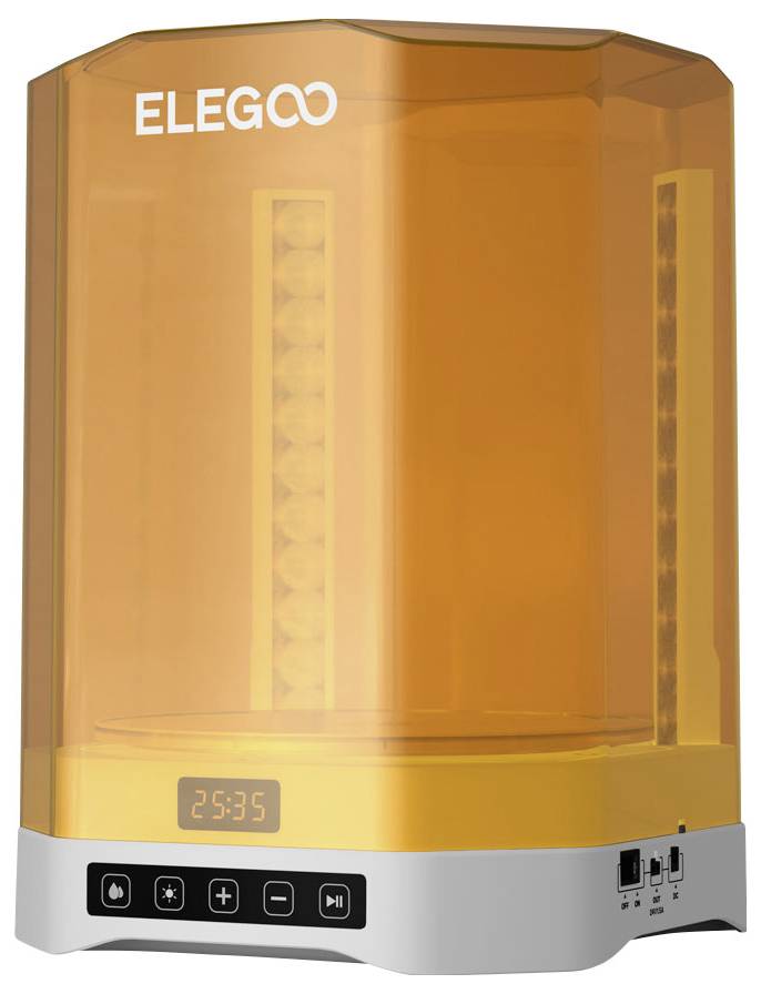 Orange ELEGOO Harz-3D-Drucker mit transparenter Abdeckung, vorderes LCD-Display und Steuertasten auf der Basis.
