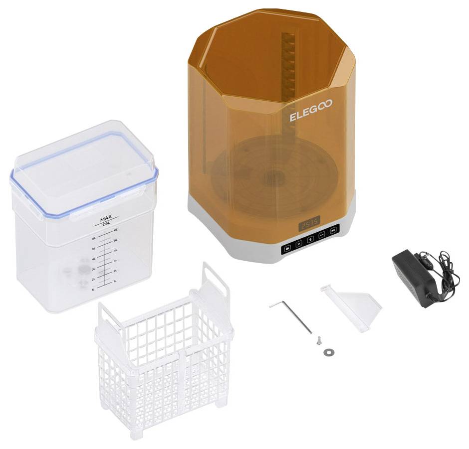 3D-Drucker-Harzbeschichtungs- und Aushärtungsmaschine mit orangener Abdeckung, Waschtank, Korb, kleinen Werkzeugen und mitgeliefertem Netzteil.