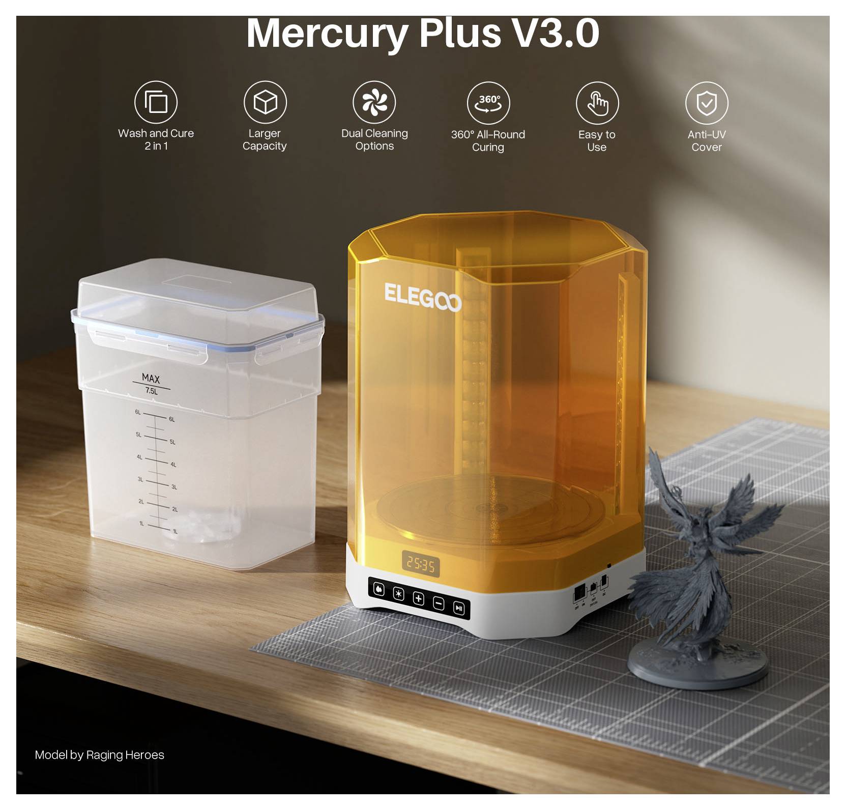 ELEGOO Mercury Plus V3.0 Wasch- und Aushärtungsmaschine mit transparentem Waschbehälter und orange Aushärtungskammer auf einem Schreibtisch gezeigt, mit Funktionssymbolen oben.