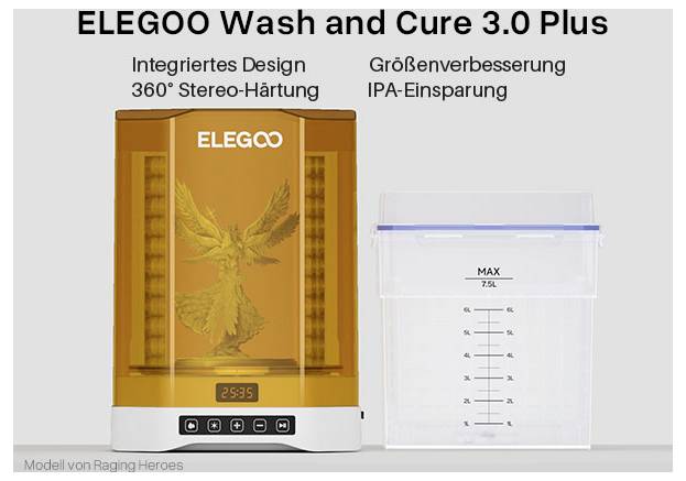 Produktvergleichsbild des ELEGOO Wash and Cure 3.0 Plus, das integrierte 360°-Stereo-Härtung, größere Größe und IPA-sparendes Behältnis neben der Maschine zeigt.