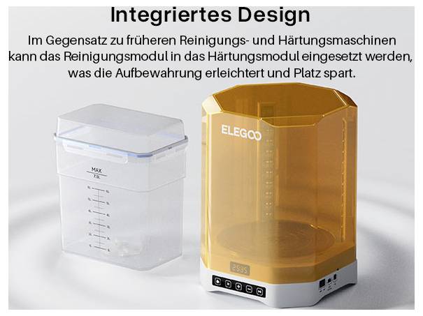 Produktbild mit "Integriertes Design" mit einem abnehmbaren Reinigungsmodul, das in das Härtungsmodul passt, zusammen mit zwei transparenten Maschinenbehältern zum Vergleich.