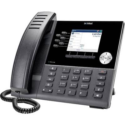 Schwarzes Büro-Tischtelefon mit Hörer, Tastenfeld, Farbdisplay und Navigationstasten, in Schrägansicht auf weißem Hintergrund dargestellt.