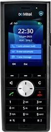 Mitel Schnurloses Bürotelefon, das den Startbildschirm um 22:30 Uhr anzeigt, mit Menüoptionen und physischen Anruf-, Navigations- und Nummernstasten.