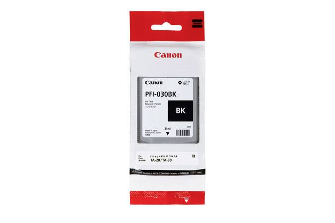 Canon PFI-030BK schwarze Tintenpatrone Verpackung auf weißem Hintergrund.