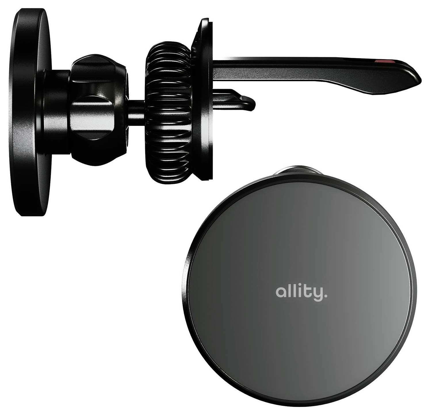 Schwarze magnetische Autotelefonhalterung mit Saugnapf und verstellbarem Arm in der Seitenansicht, plus runde magnetische Scheibe mit der Bezeichnung „allity".