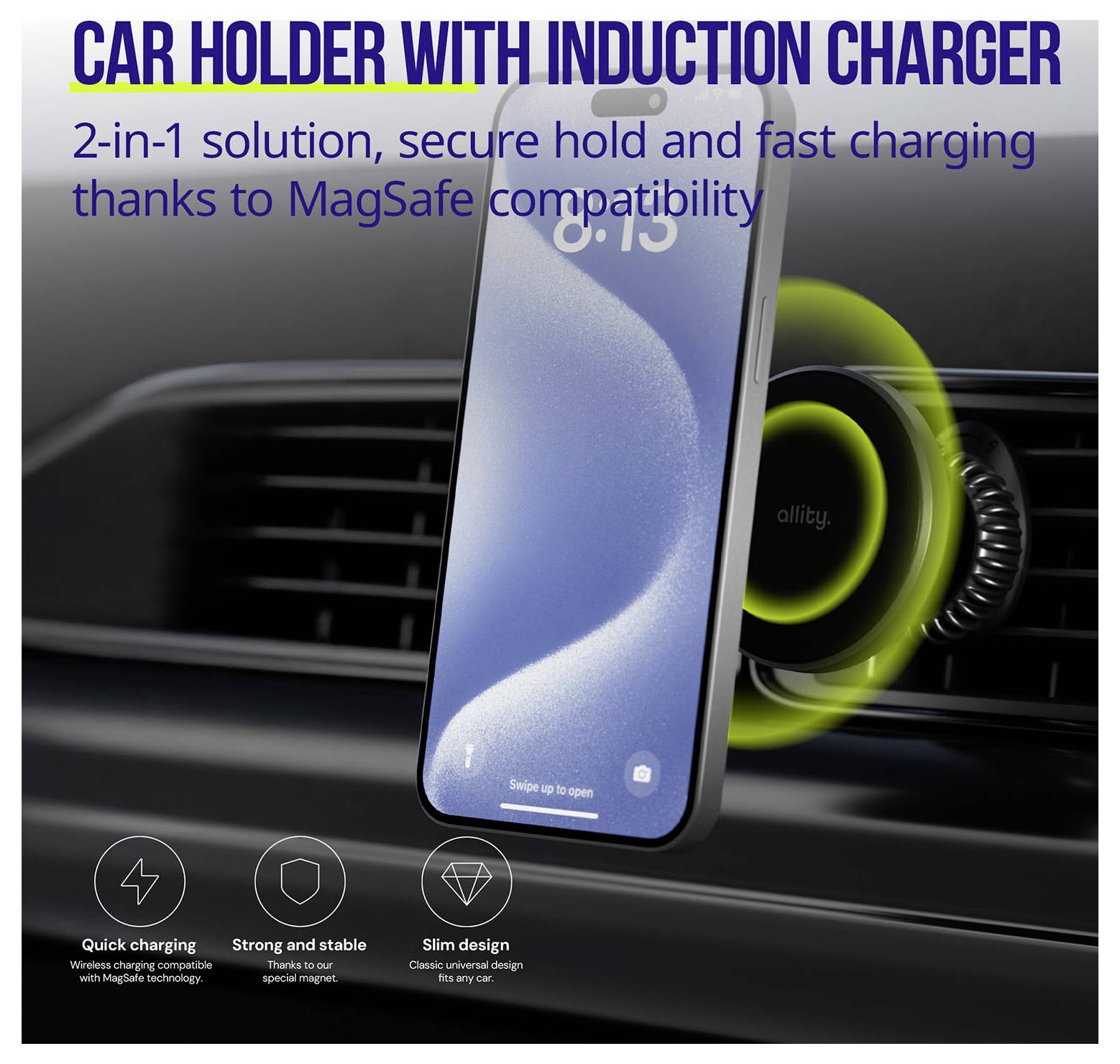 Auto-Telefonhalter mit Induktionsladegerät, zeigt ein Smartphone, das an einer Armaturenbrett-Belüftung montiert ist, und kabelloses Laden über einen MagSafe-kompatiblen Ring.