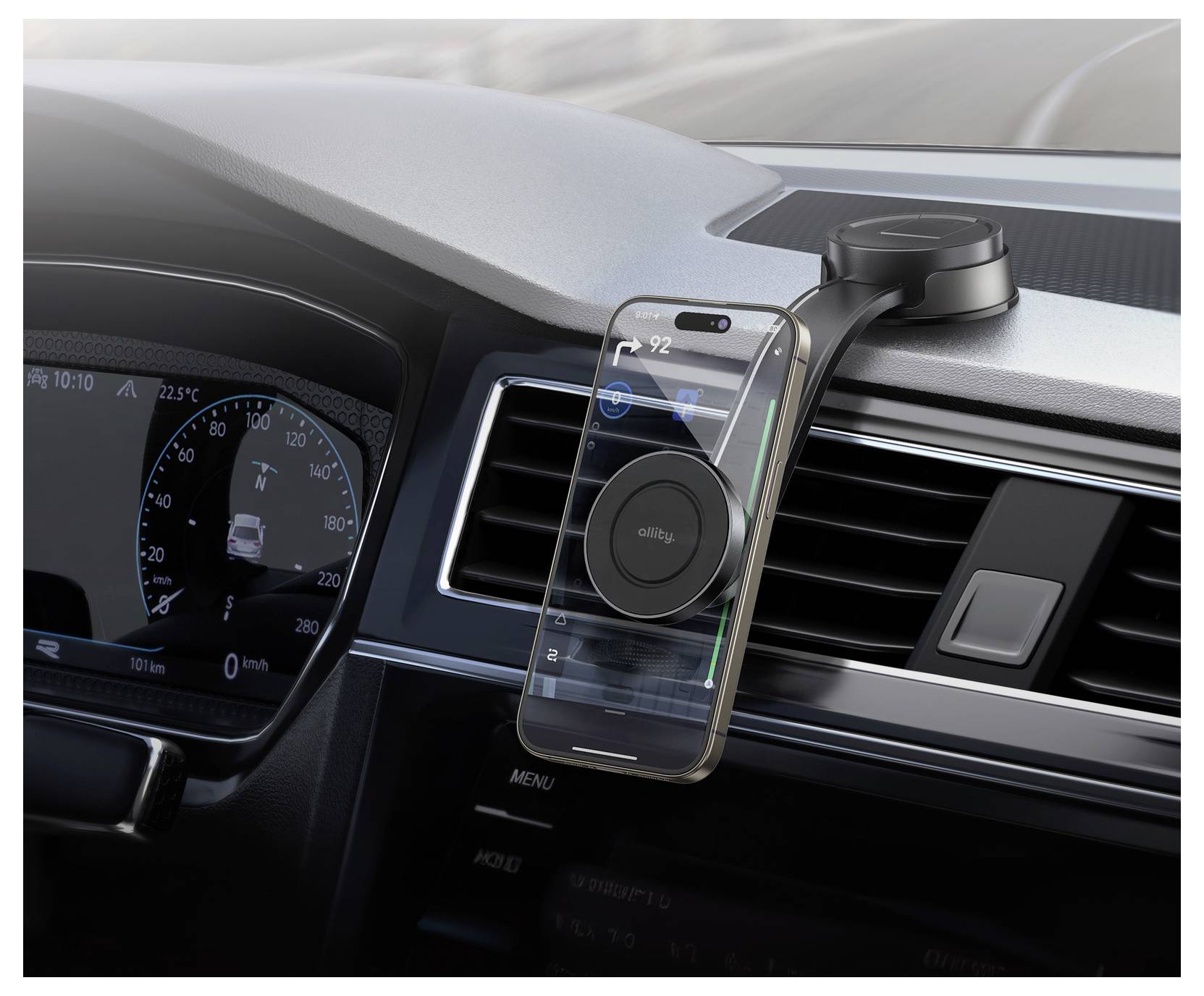 Auf einem Auto-Armaturenbrett angebrachtes Smartphone an einem Lüftungsgitter, das ein kabelloses Ladezubehör in Gebrauch zeigt.
