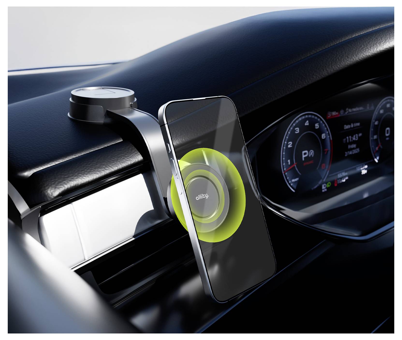 Smartphone auf einer Auto-Armaturenbrett montiert, mit kabellosem Laden und einem leuchtenden Ring neben der Instrumententafel.