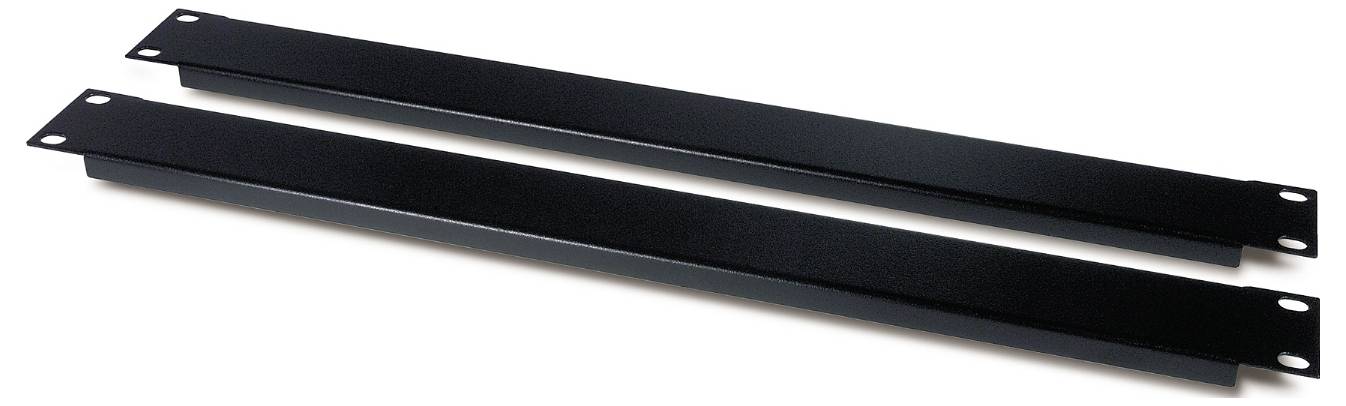 Zwei schwarze Metall-Rackmontageschienen mit Schlitzlöchern an den Enden, parallel auf weißem Hintergrund dargestellt.