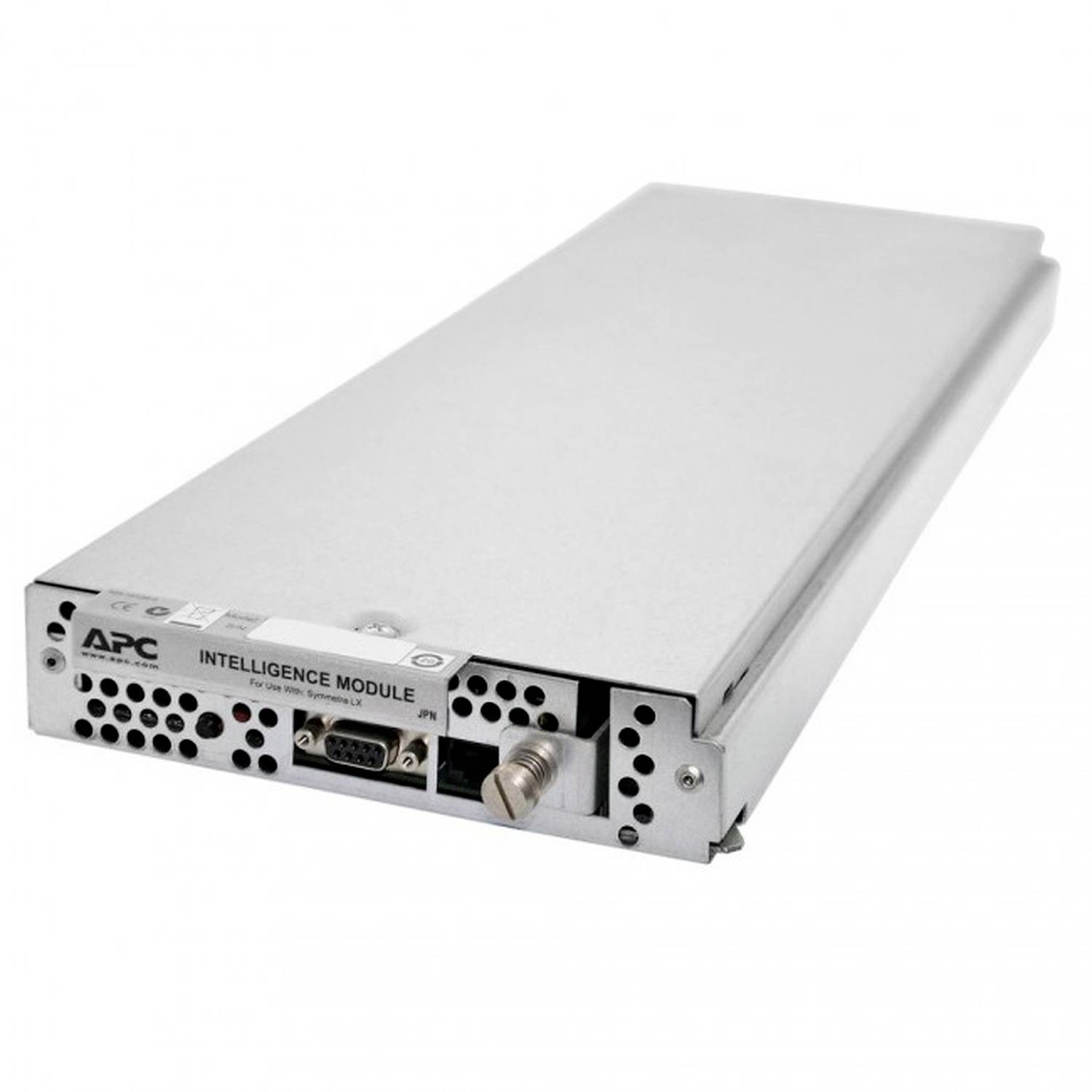 APC „Intelligence Module" Hardware-Einheit mit silberfarbenem Metallgehäuse, vorderen Lüftungsöffnungen, Anschlüssen und sichtbarem Stecker auf weißem Hintergrund.