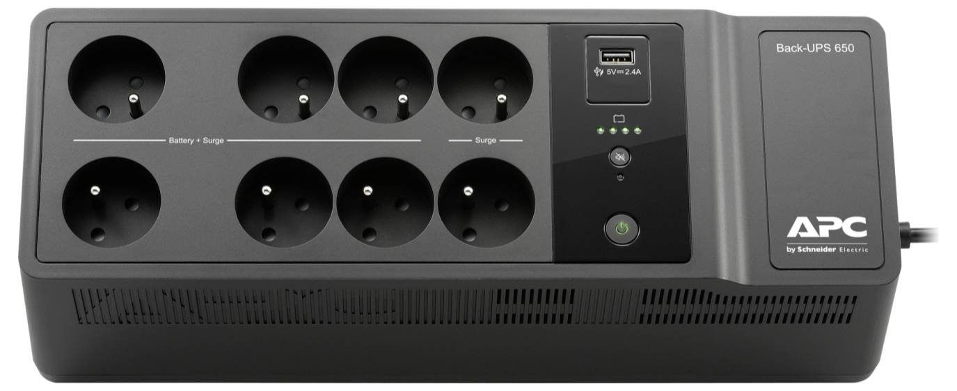 APC Back-UPS 650 unterbrechungsfreie Stromversorgung mit sechs Steckdosen, Statusanzeigen und USB-Ladeanschluss auf der Frontplatte.