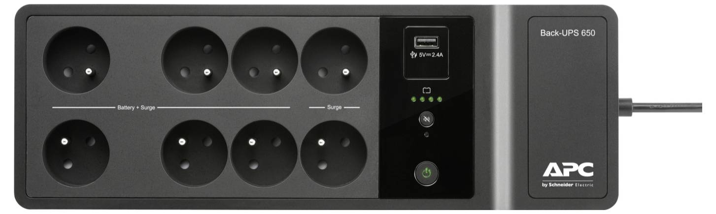 APC Back-UPS 650 Batterie-Backup-Gerät mit mehreren Steckdosen, Statusanzeige und Ein-/Ausschalter.