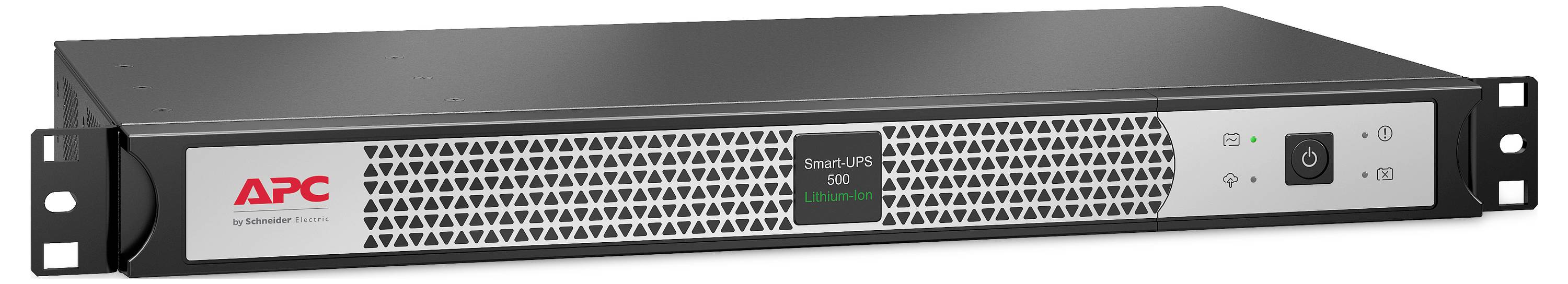 APC Smart-UPS Rack-Stromversorgungssystem mit unterbrechungsfreier Stromversorgung mit frontaler Anzeige und Stromschaltern, gezeigt auf weißem Hintergrund