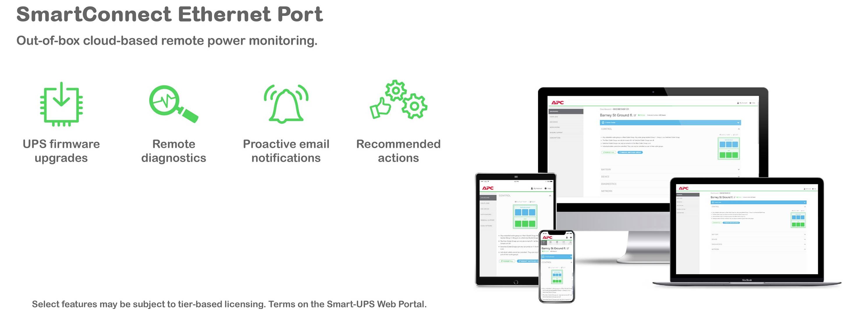 SmartConnect-Ethernet-Port für USV-Cloud-gestützte Remote-Stromüberwachung mit Firmware-Upgrades, Remote-Diagnostik, proaktiven E-Mail-Benachrichtigungen und empfohlenen Maßnahmen über mehrere Geräte hinweg.