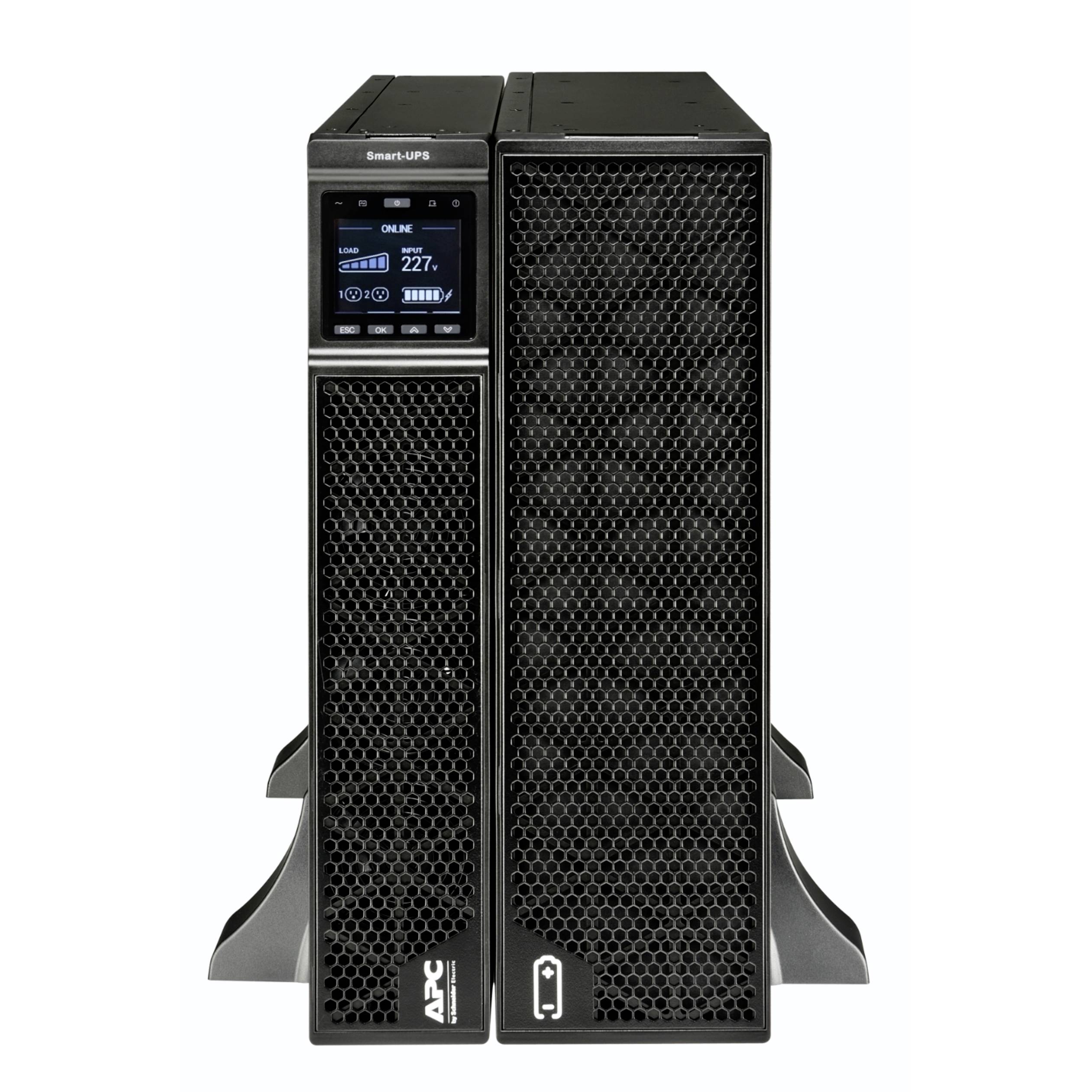 Vorderansicht einer schwarzen APC Smart-UPS Batterienotstromversorgungseinheit mit LCD-Statusanzeige und Wabengitterverkleidung.