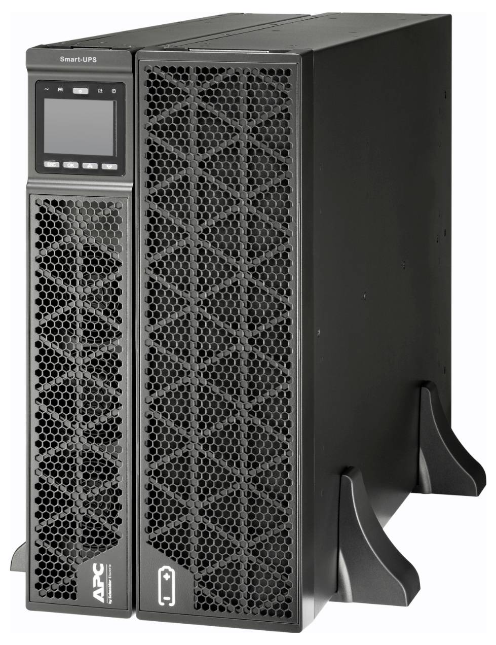 Schwarze APC Smart-UPS Turmeinheit für Batteriesicherung mit Frontdisplay, belüfteten Paneelen und Standfüßen auf weißem Hintergrund