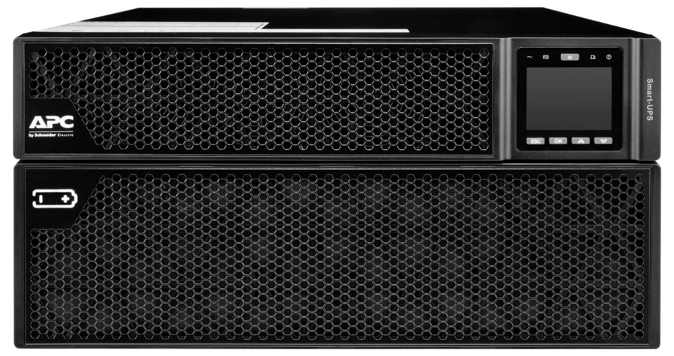 Frontansicht einer APC Smart-UPS Rackmount-Batterie-Backup-Einheit mit Displaypanel und zwei Gitterfront-Modulen.