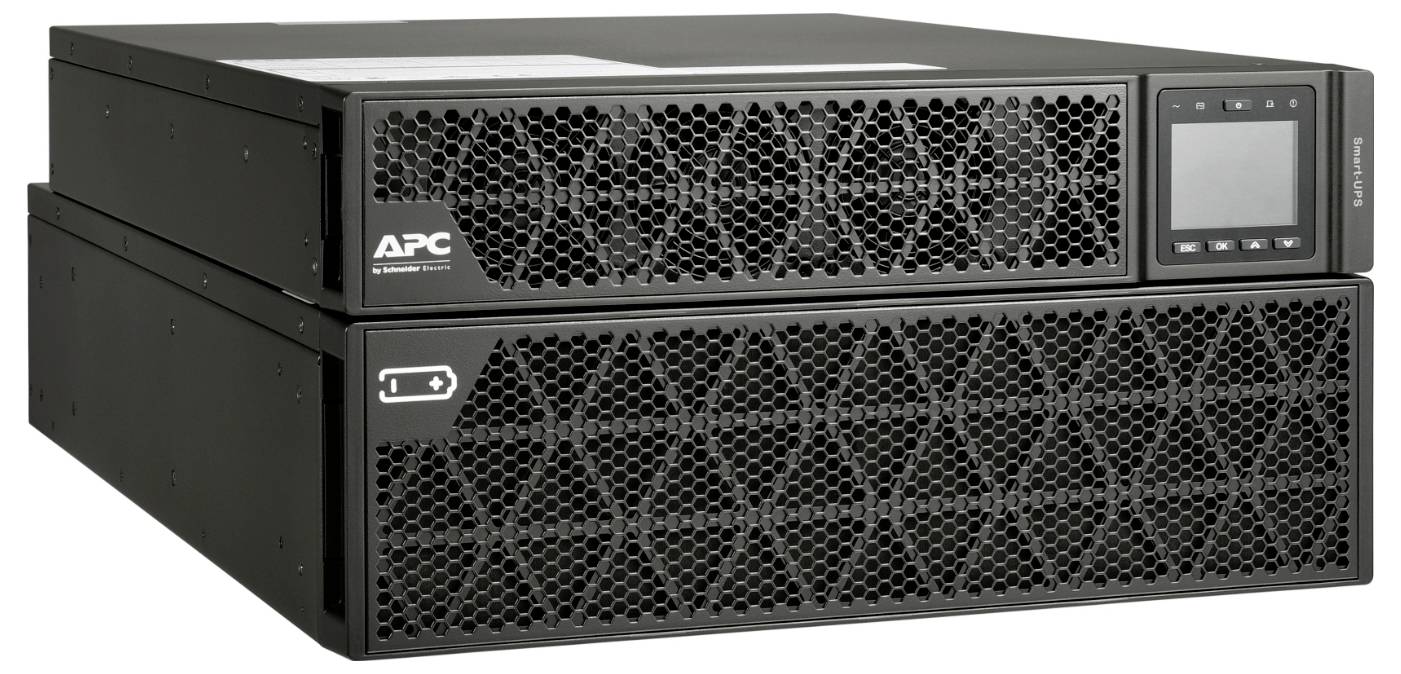 Schwarzes APC-Rack-Batterie-Backup-Gerät mit belüfteten Frontblenden und kleinem Statusdisplay auf der rechten Seite.