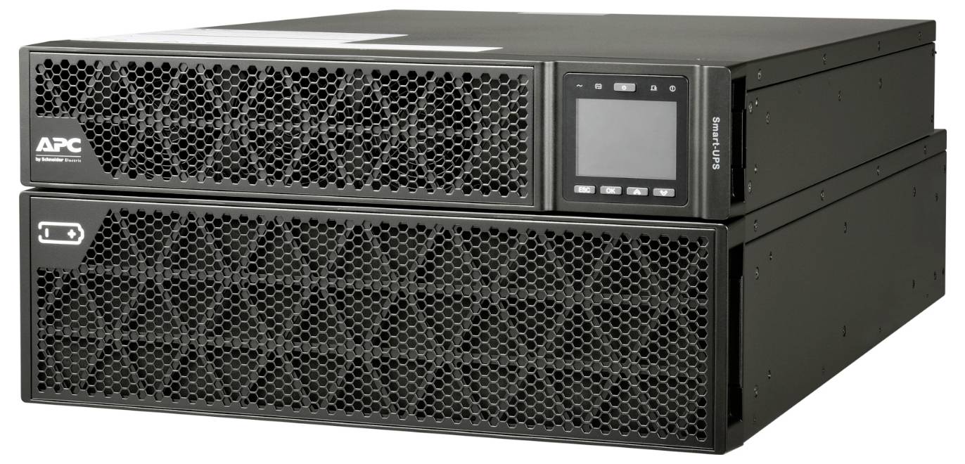 Zwei schwarze, in einem Rack montierte APC-Batteriesicherungseinheiten, nebeneinander gestapelt, mit vorderen Belüftungsgittern und einem kleinen Statusdisplay auf der oberen Einheit.