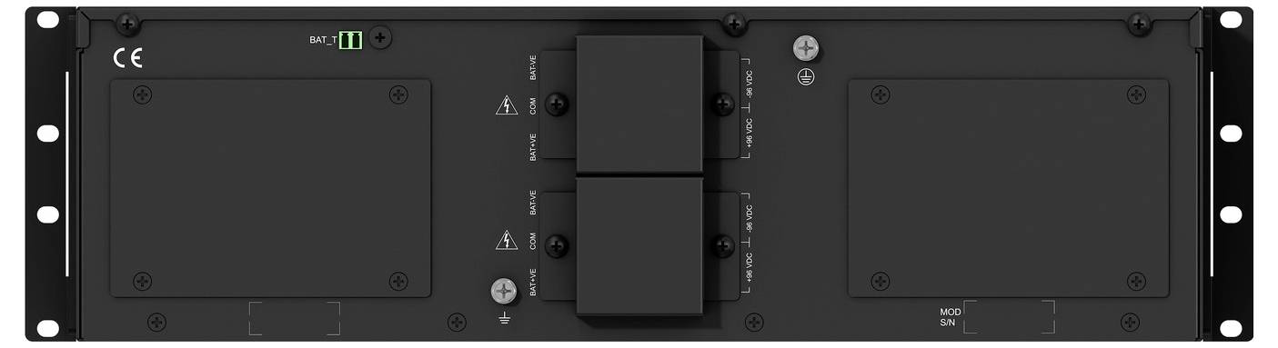 Rückansicht einer in einem Rack montierten elektronischen Einheit mit zwei großen Zugriffspanelen, einem zentralen vertikalen Modul und Befestigungsösen auf beiden Seiten.