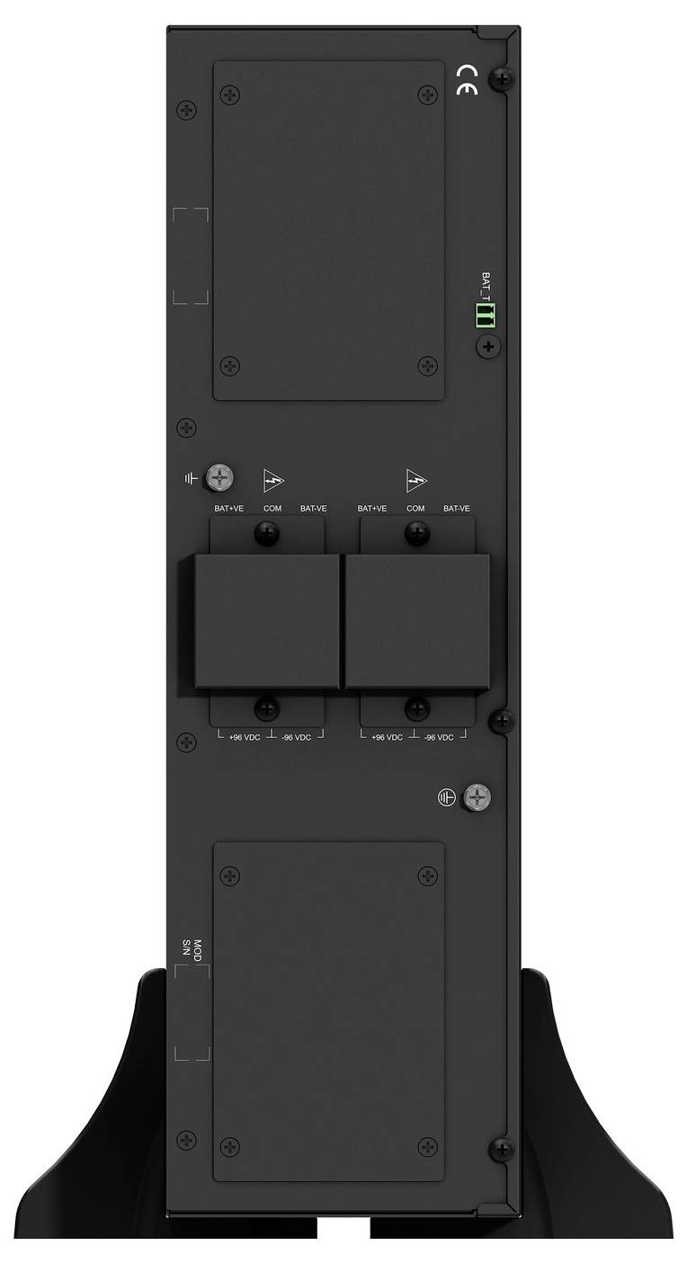 Rückansicht eines schwarzen elektronischen Geräts mit zwei großen Batteriefächern, Anschlüssen und Montagebasis auf einem Ständer.