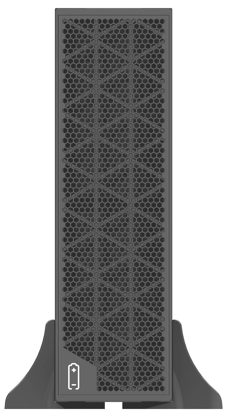 Hohles schwarzes rechteckiges elektronisches Gerät mit einem sechseckigen Lüftungsmuster, das auf einer breiten Basis steht und in der Nähe des unteren Bereichs mit einem Batteriesymbol gekennzeichnet ist.