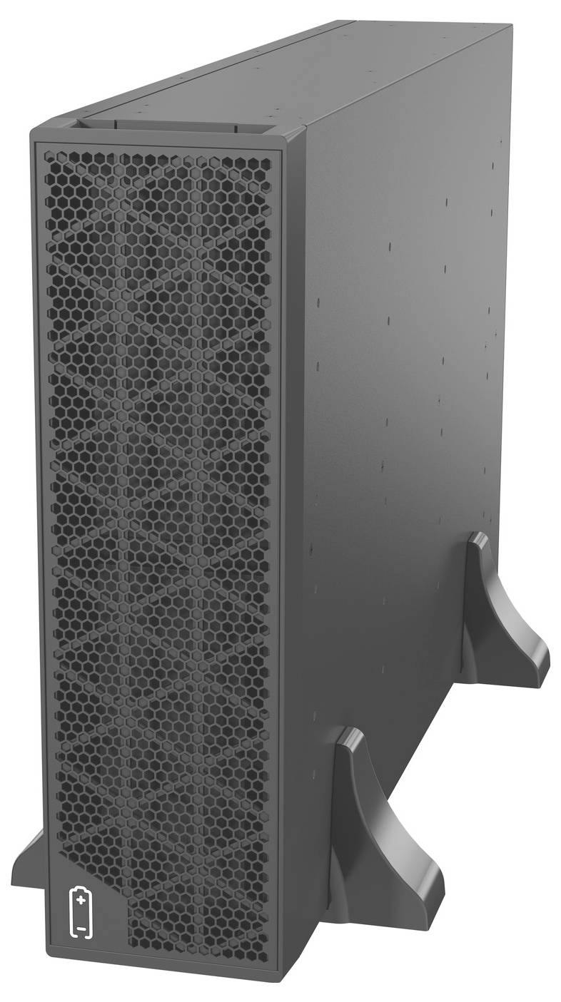 Frontansicht eines hohen schwarzen rechteckigen elektronischen Geräts mit perforiertem belüftetem Gitter und seitlichen Montageklammern, wahrscheinlich eine Server- oder Stromversorgungseinheit.