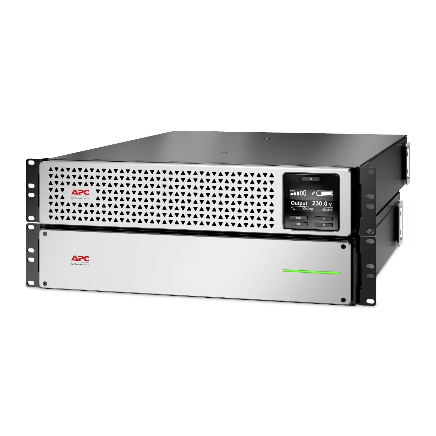 Zwei gestapelte APC-Rackpower-Einheiten, die obere mit perforiertem vorderen Gitter und digitaler Anzeige mit "Output 230.0 V", die untere mit einfacher silberner Frontplatte und grüner Statusleuchte.