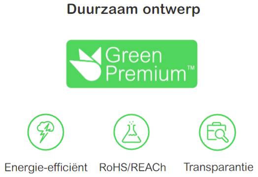 Nachhaltigkeitsdesign-Abzeichen mit dem Green-Premium-Logo und Symbolen für Energieeffizienz, RoHS/REACH-Konformität und Transparenz.