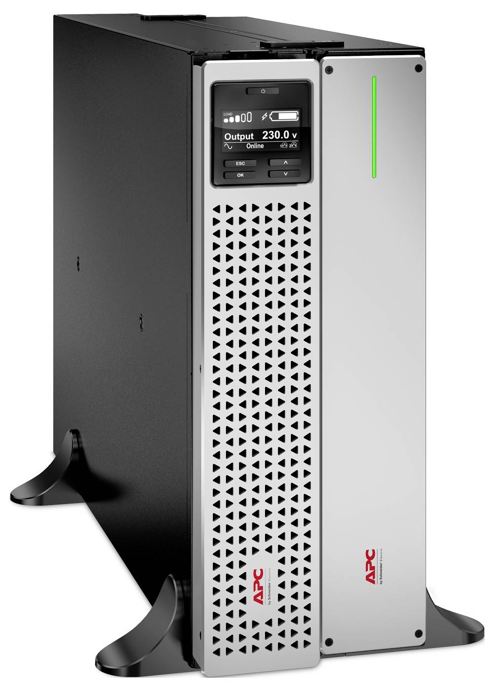Frontansicht einer schwarzen und silbernen USV (Unterbrechungsfreie Stromversorgung) mit LCD-Display, das "Output 230.0 V" anzeigt, und einem grünen Statuslicht.