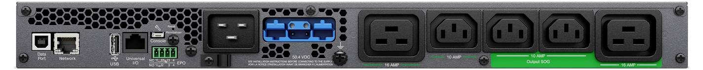 Rückseite einer Steckdosenleiste/USV mit mehreren Steckdosen: zwei Netzwerkbuchsen auf der linken Seite, ein USB-Anschluss, AC-Stromeingang und mehrere blaue und schwarze Steckdosen mit grünen Statusleuchten.