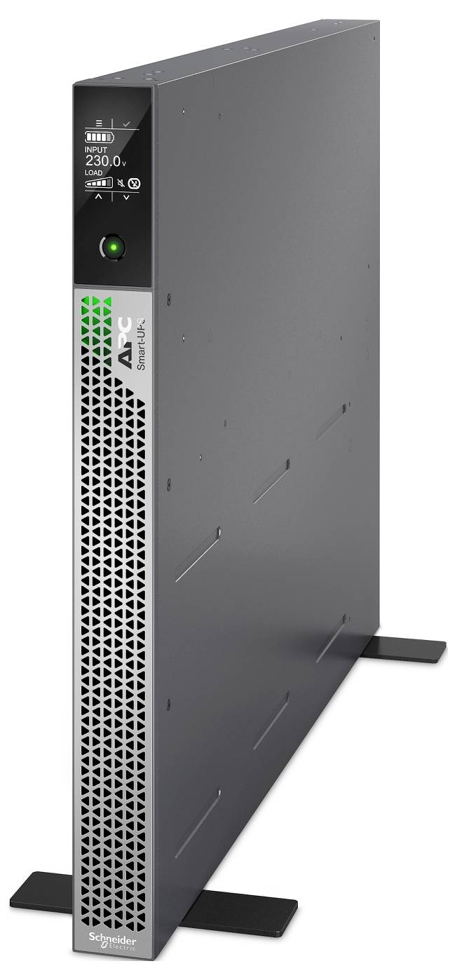 Große Schneider Electric APC rack-montierte USV-Anlage in dunkelgrau mit frontaler Bedienungsblende und Lüftungsgitter, auf Bodenbefestigungen stehend.