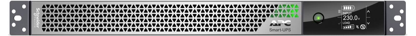 Rack-montiertes Smart-UPS mit Frontblende mit Belüftungsgitter, grüner Statusleuchte, digitales Display zeigt 230,0 V und Batterie-/Lastindikatoren an.