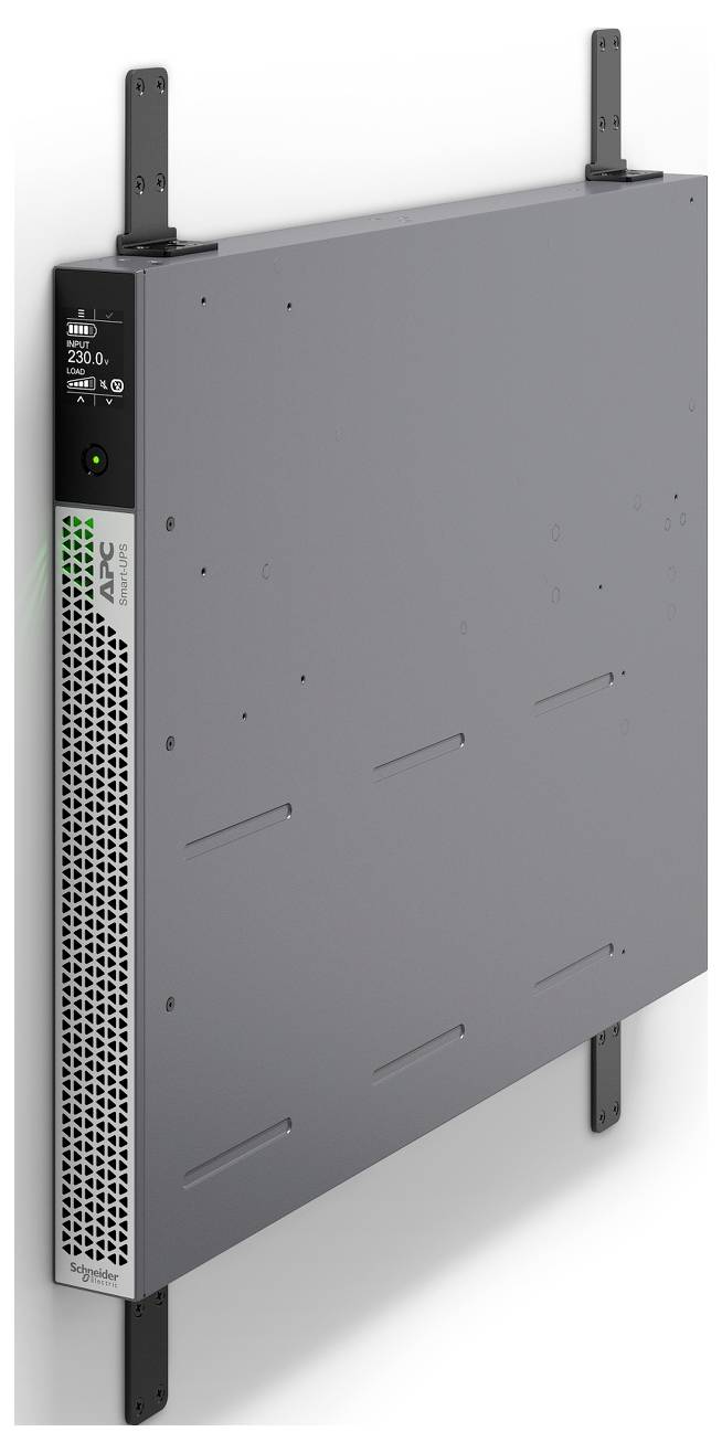 Graue APC-Elektronikeinheit auf schwarzen Halterungen, dargestellt in Front- und Seitenansicht mit belüftetem Bedienfeld und Stromanzeigelampe.