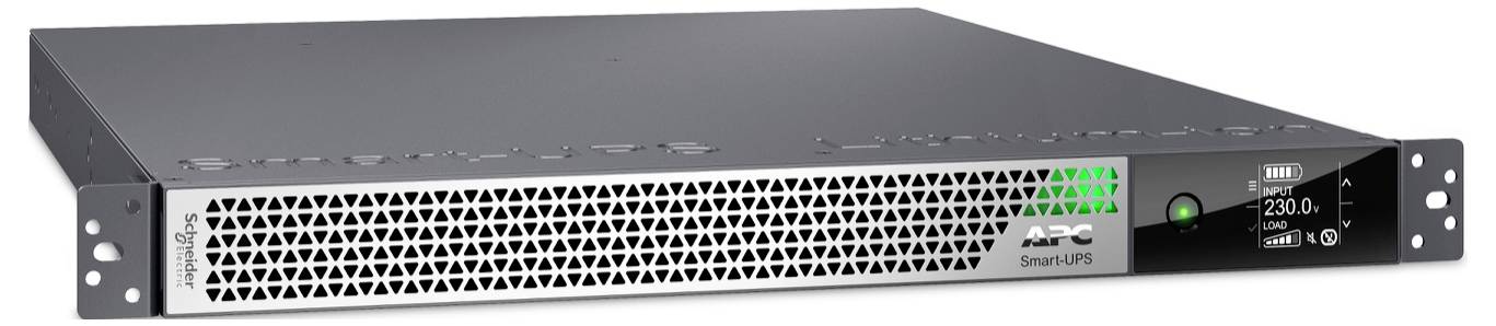 Rack-montierte APC Smart-UPS mit frontalem Display, das den Batteriezustand anzeigt, 230,0 V Eingangsspannung und grüne Stromindikatorleuchten.