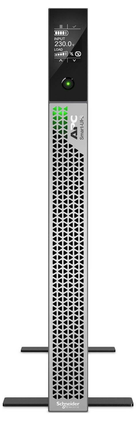 Schneider Electric APC Smart-UPS Türmchen mit vorderer Anzeige, die 230,0 V AC Ein-/Ausgang und einen grünen Statusindikator zeigt.