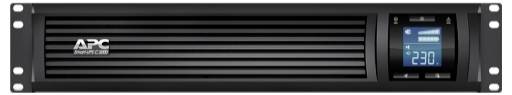 APC rack-montiertes Smart-UPS-Stromversorgungssystem mit frontalem LCD-Display mit Anzeige von 230 Volt und Statusinformationen.