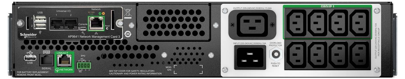Rückansicht einer Schneider Electric APC Smart-UPS mit dualen AC-Stromeingangsanschlüssen, USB-/Netzwerk-Anschlüssen und mehreren Ausgangsanschlüssen.