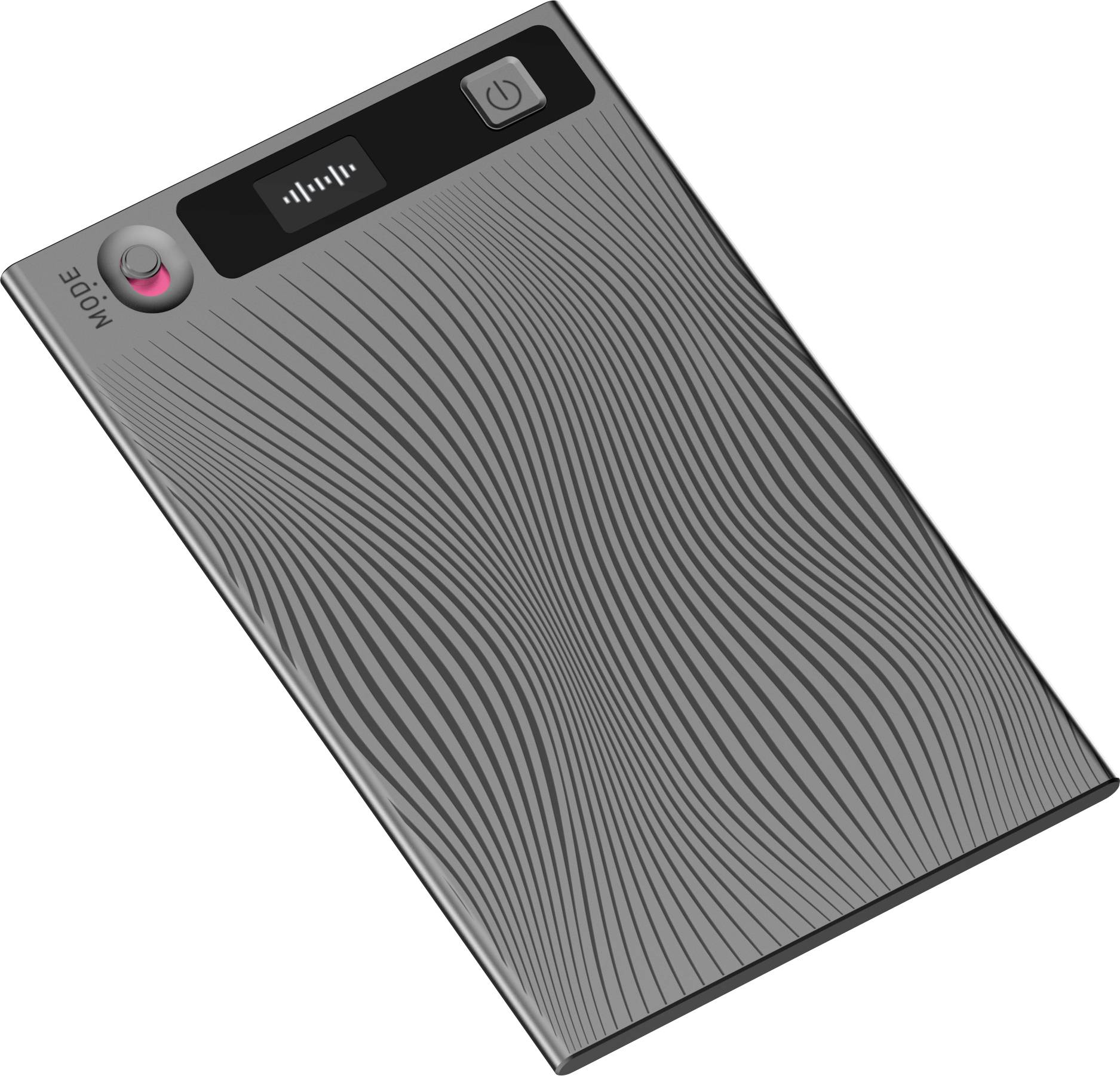 Grauer tragbarer Audiorecorder oder Sprachrecorder mit Stromschalter, Modusregler und Display auf einer strukturierten Abdeckung.