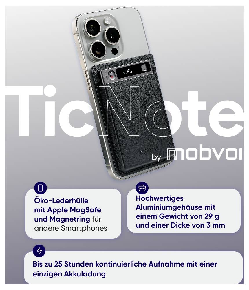Werbegrafik für das TicNote von nobvoi: Smartphone-Ansteckgerät mit Lederhülle und Aluminiumgehäuse; nennt MagSafe, Gewicht 29 g, 3 mm Dicke und bis zu 25 Stunden Aufnahme.<br>