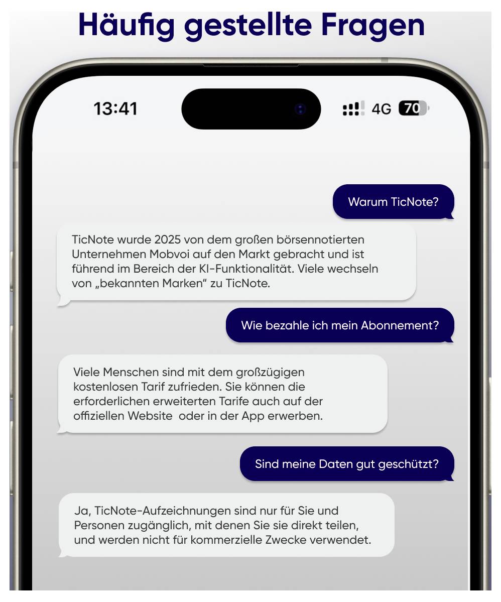 Smartphone-Bildschirm mit FAQ zu TicNote: Fragen zu Herkunft, Abo und Datenschutz; Antworten nennen Mobvoi, kostenpflichtige Tarife und Schutz der Daten.