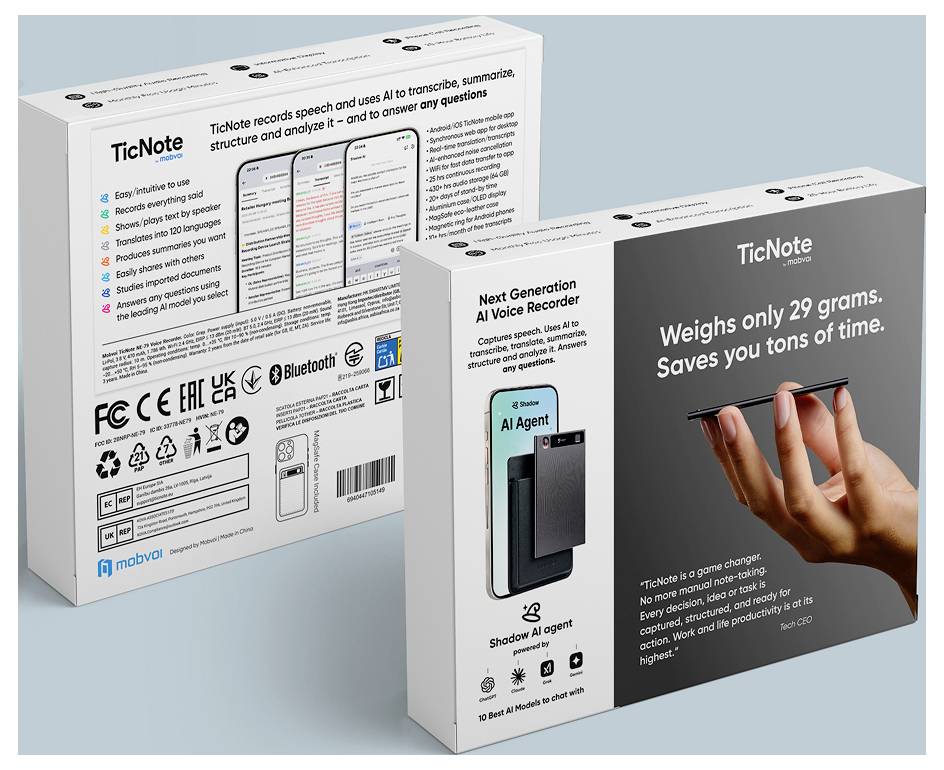 Zwei TicNote-Verpackungen: links Rückseite mit Produktinfos und Logos, rechts Vorderseite mit dem Slogan 'Weighs only 29 grams. Saves you tons of time.'<br>