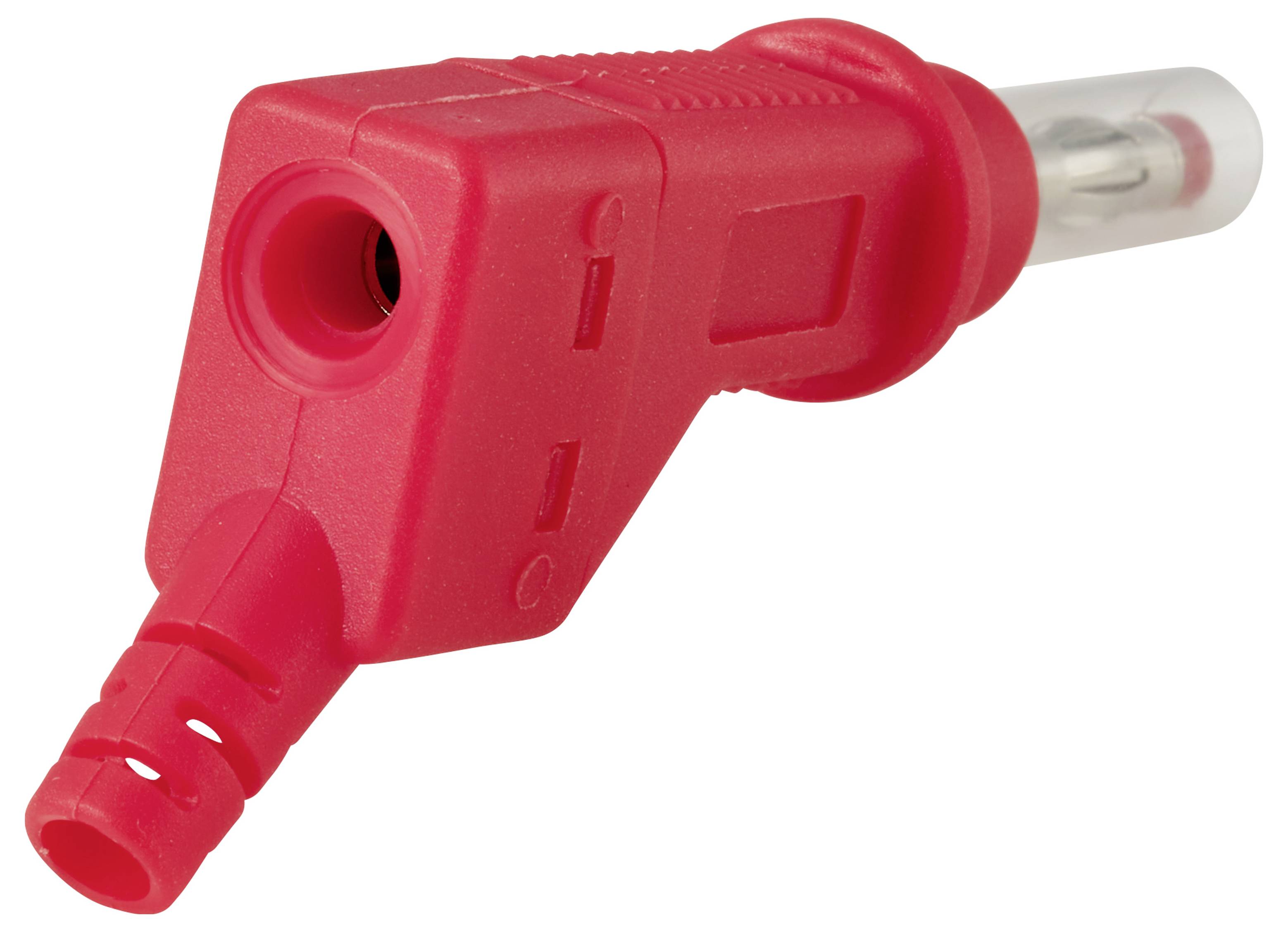 Roter abgewinkelter Elektrostecker mit Metallstift, dargestellt auf weißem Hintergrund.