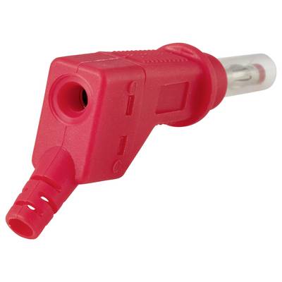 Roter abgewinkelter Elektrostecker mit Metallstift, dargestellt auf weißem Hintergrund.