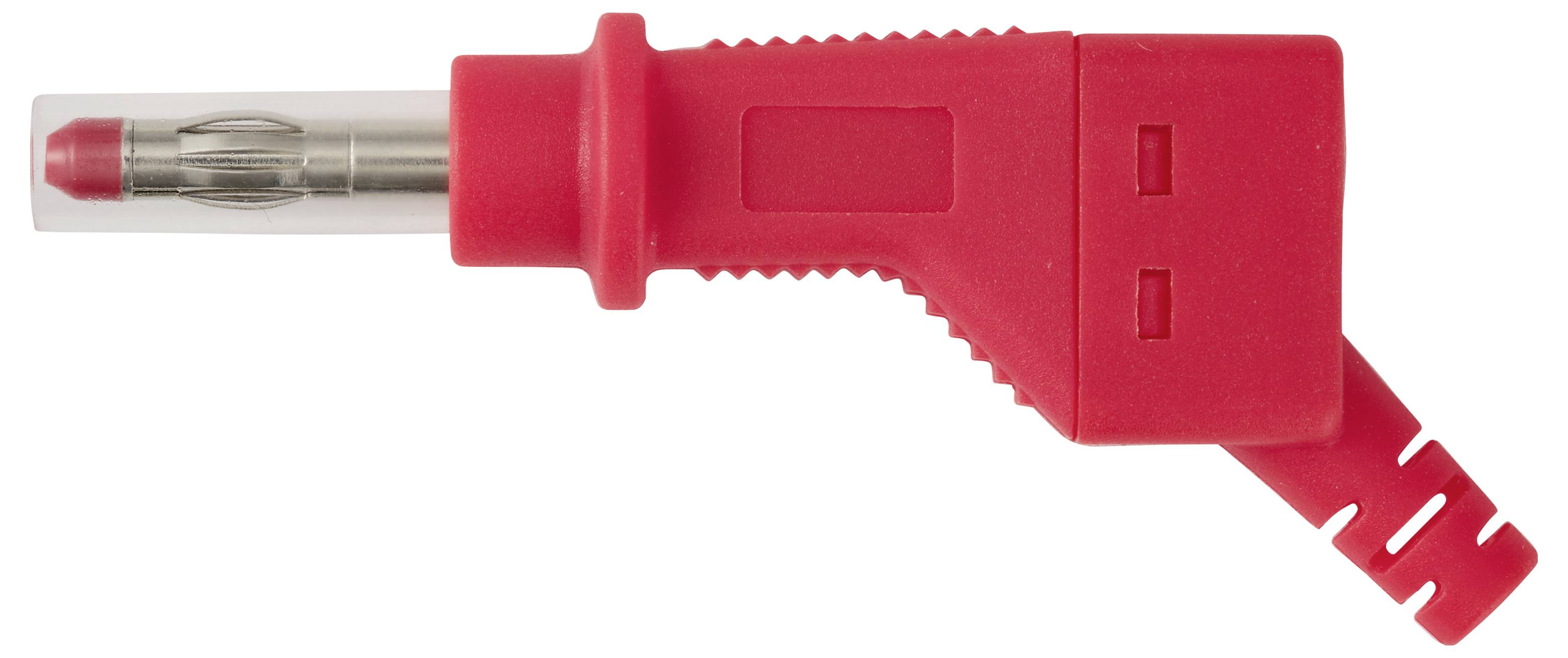 Roter rechtwinkliger elektrischer Steckeradapter mit einem durchscheinenden Metallstift-Anschluss auf weißem Hintergrund.