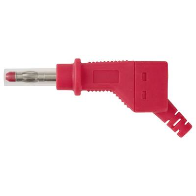Roter rechtwinkliger elektrischer Steckeradapter mit einem durchscheinenden Metallstift-Anschluss auf weißem Hintergrund.