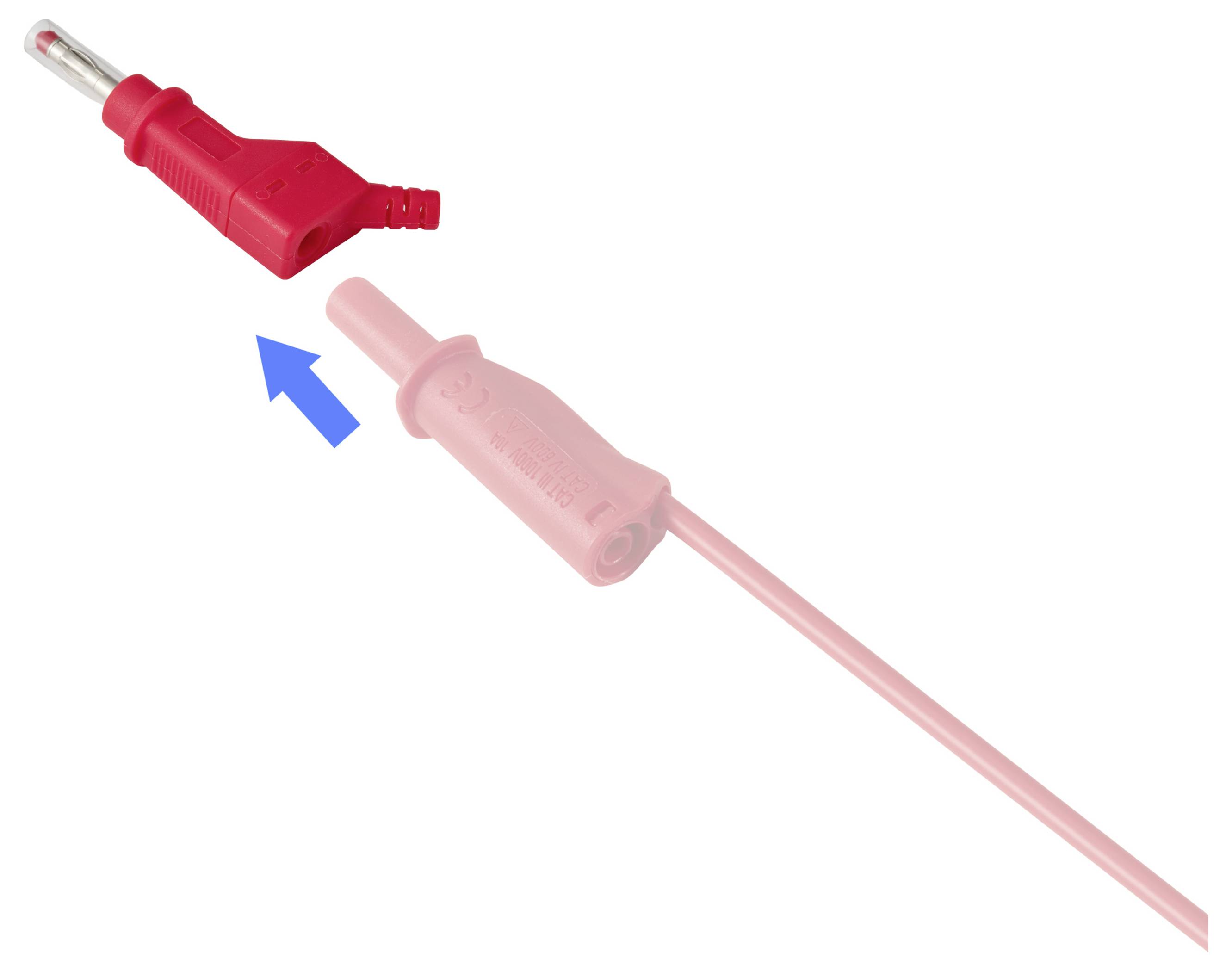 Illustration, die einen roten Elektrostecker zeigt, der in eine passende rosa Steckdose eingeführt wird, mit einem blauen Pfeil, der die Verbindungsrichtung anzeigt.