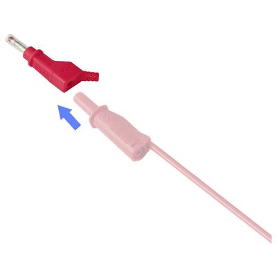 Illustration, die einen roten Elektrostecker zeigt, der in eine passende rosa Steckdose eingeführt wird, mit einem blauen Pfeil, der die Verbindungsrichtung anzeigt.