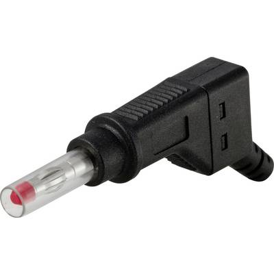 Nahaufnahme eines schwarzen rechtwinkligen Elektrosteckers mit einer durchsichtigen zylindrischen Spitze und roten Mittelpunkt, gezeigt auf weißem Hintergrund.